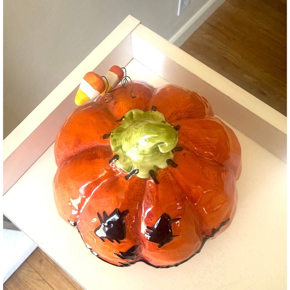 2018 Blue Sky Heather Goldminc Stitched Pumpkin Halloween Ceramic Decor Candy Co - Picture 3 of 4